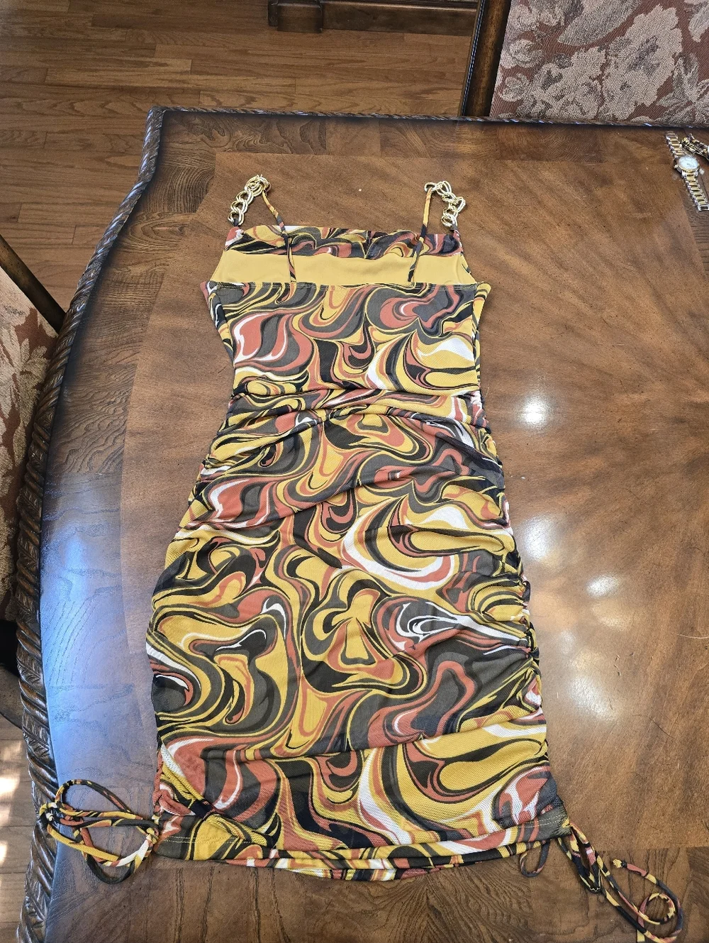 Cowl Neck Chain-Strap Dress in Mustard Swirl - Picture 5 of 6
